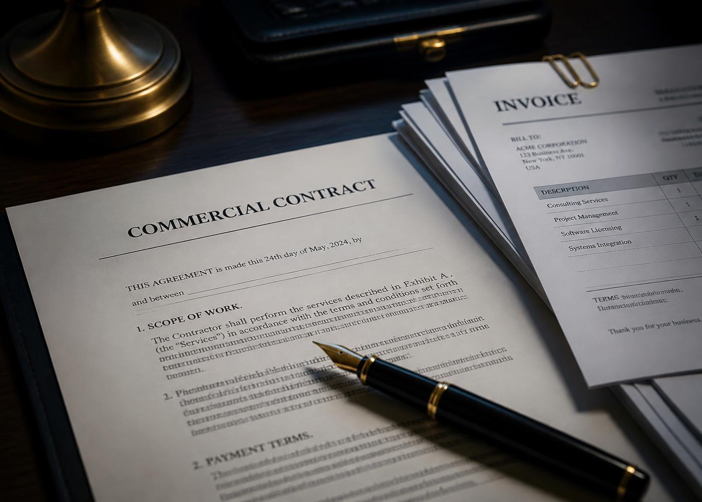 Commercial contract and invoices on a desk